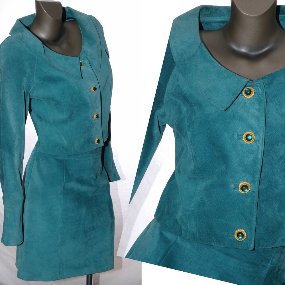 Suede Leather JACKET & SKIRT Dress 2 pc. Suit Set Aqua Teal Danier Womens M / 8